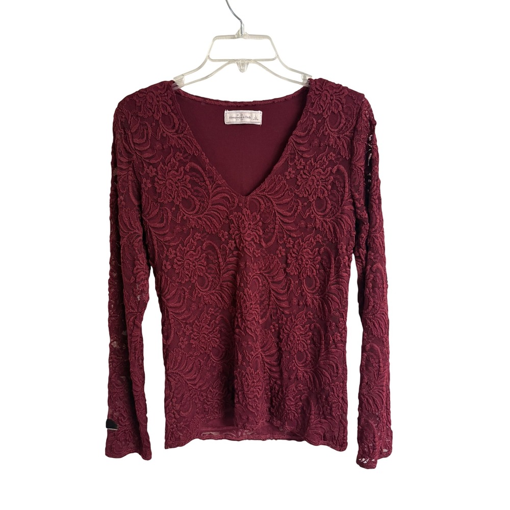 Abercrombie & Fitch Burgundy Floral Lace V-Neck Long Sleeve Top Large